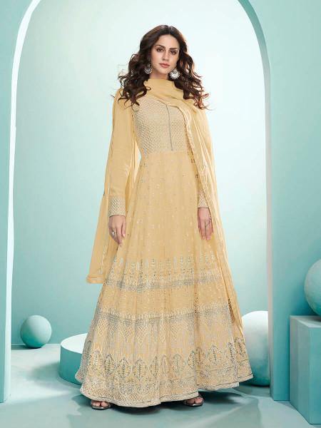 Myra Dusty Yellow Georgette Embroidered Anarkali Suit | Swadesiicart