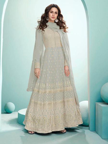 Myra Dusty Grey Georgette Embroidered Anarkali Suit | Swadesiicart