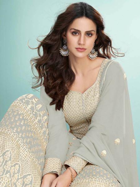 Myra Dusty Grey Georgette Embroidered Anarkali Suit | Swadesiicart