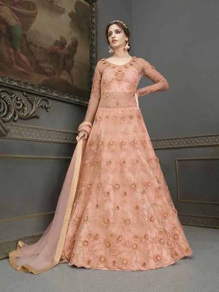 Myra Peach Soft Net Embroidered Handwork Gown Style Suit | Swadesiicart