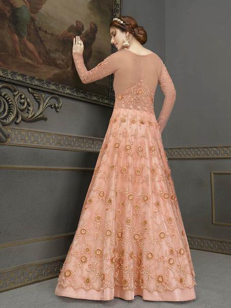 Myra Peach Soft Net Embroidered Handwork Gown Style Suit | Swadesiicart