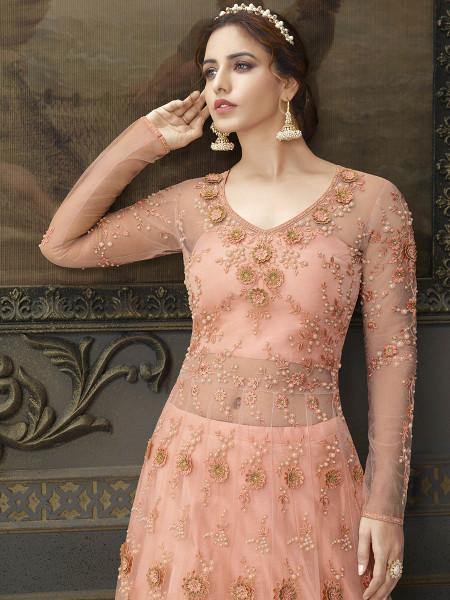 Myra Peach Soft Net Embroidered Handwork Gown Style Suit | Swadesiicart