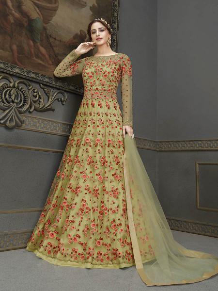 Myra Green Soft Net Embroidered Handwork Gown Style Suit | Swadesiicart