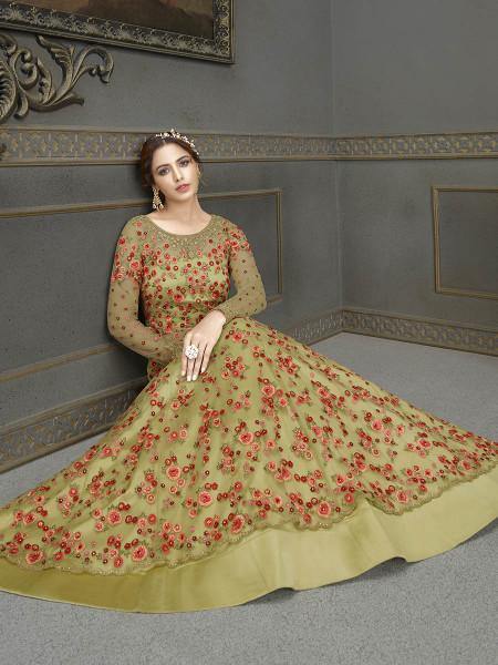 Myra Green Soft Net Embroidered Handwork Gown Style Suit | Swadesiicart
