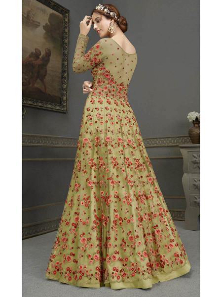 Myra Green Soft Net Embroidered Handwork Gown Style Suit | Swadesiicart
