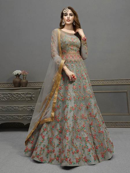 Myra Grey Soft Net Embroidered Handwork Gown Style Suit | Swadesiicart