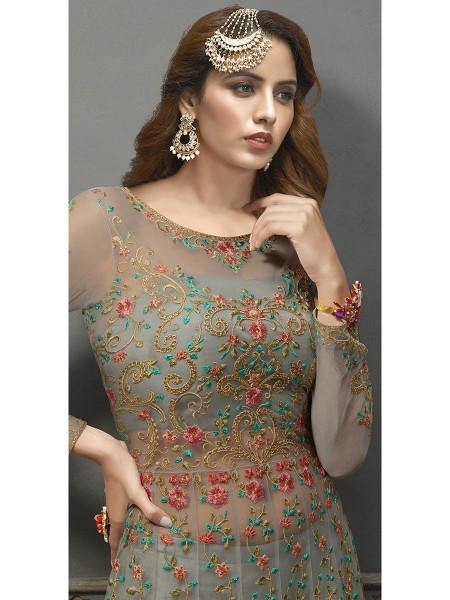 Myra Grey Soft Net Embroidered Handwork Gown Style Suit | Swadesiicart