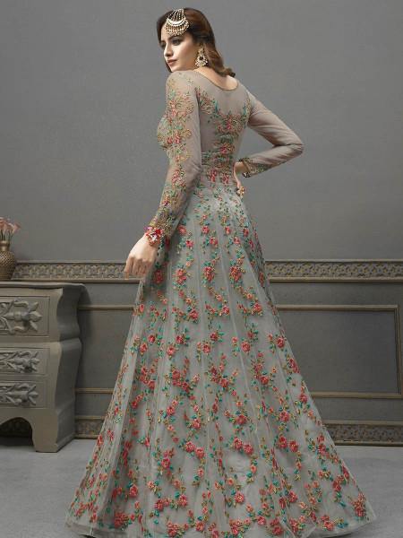 Myra Grey Soft Net Embroidered Handwork Gown Style Suit | Swadesiicart