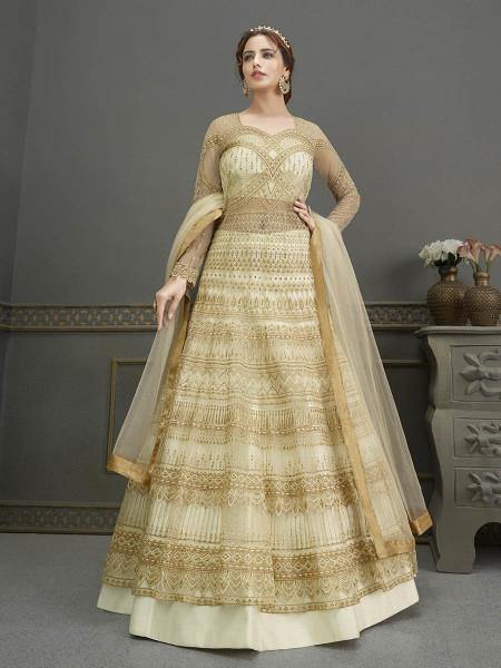 Myra Pista Soft Net Embroidered Handwork Gown Style Suit | Swadesiicart