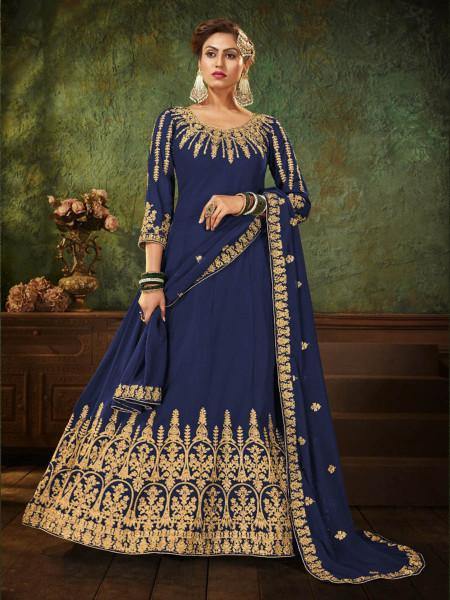 Myra Navy Blue Georgette Embroidered Gown | Swadesiicart