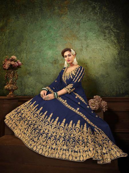 Myra Navy Blue Georgette Embroidered Gown | Swadesiicart