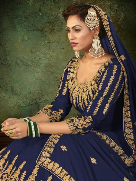 Myra Navy Blue Georgette Embroidered Gown | Swadesiicart