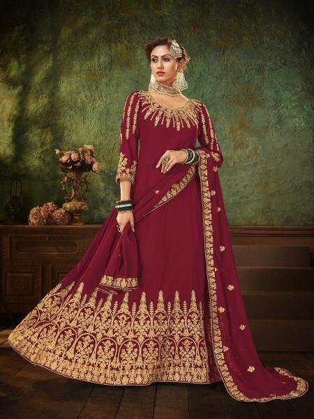 Myra Maroon Georgette Embroidered Gown | Swadesiicart