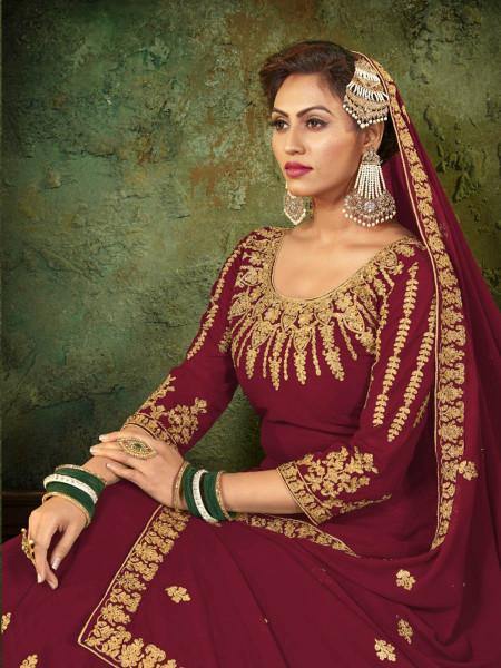 Myra Maroon Georgette Embroidered Gown | Swadesiicart