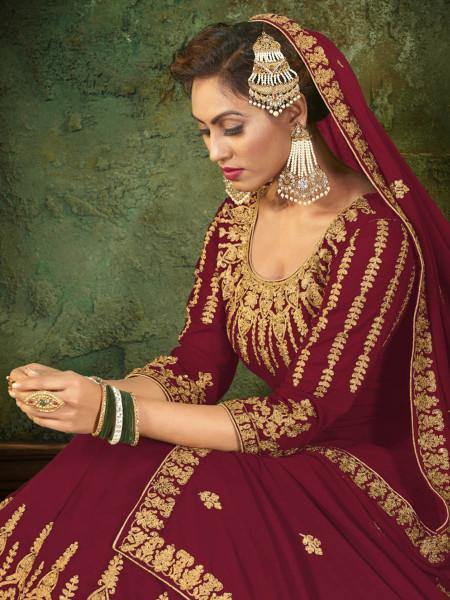 Myra Maroon Georgette Embroidered Gown | Swadesiicart