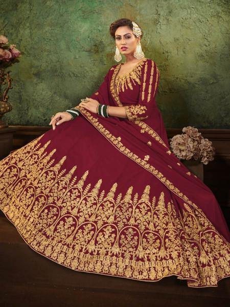 Myra Maroon Georgette Embroidered Gown | Swadesiicart