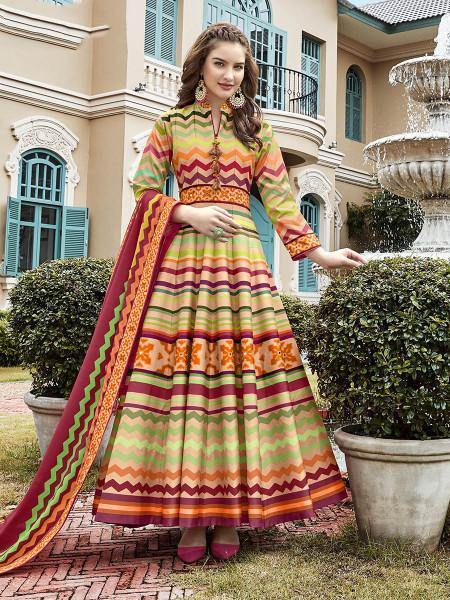 Myra Beautiful Multicolour Silk Digital Patola Gown | Swadesiicart