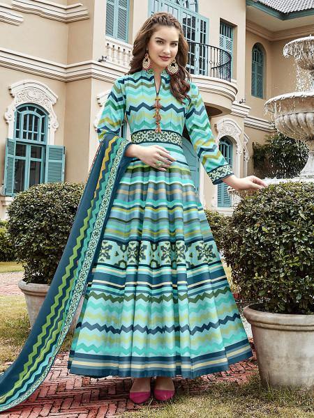 Myra Multicolour Silk Digital Patola Gown | Swadesiicart