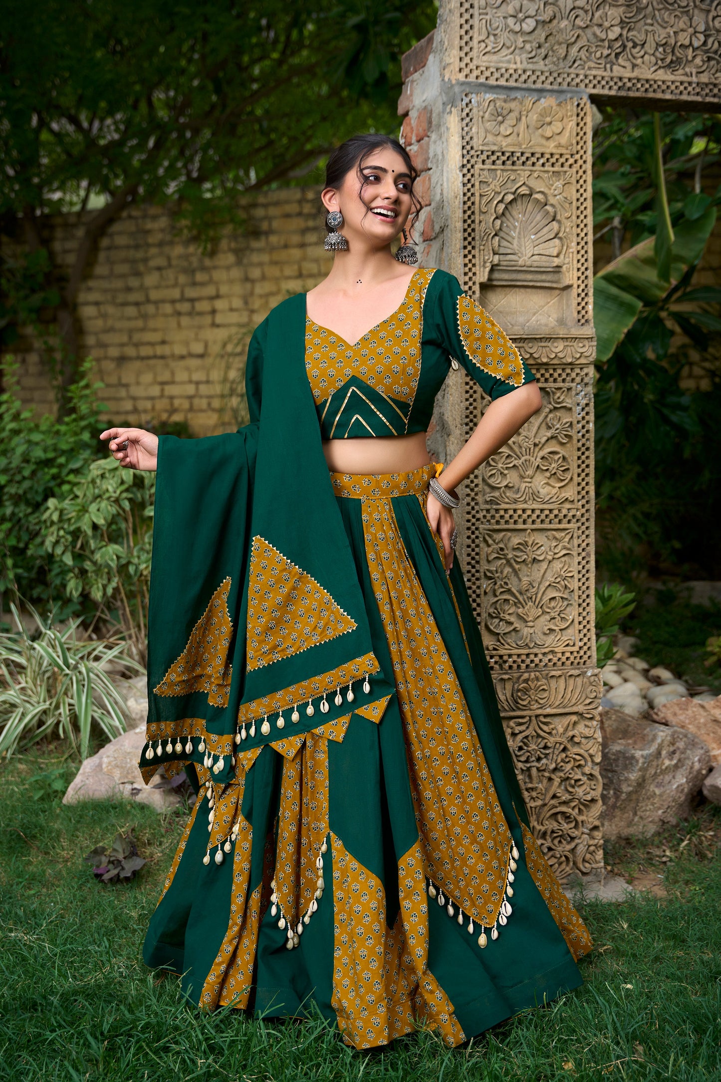 Lorenvalley Green Pure Cotton Plain And Printed With Cowrie (Kodi) Lace Touch Up Lehenga Choli with Dupatta | Swadesiicart