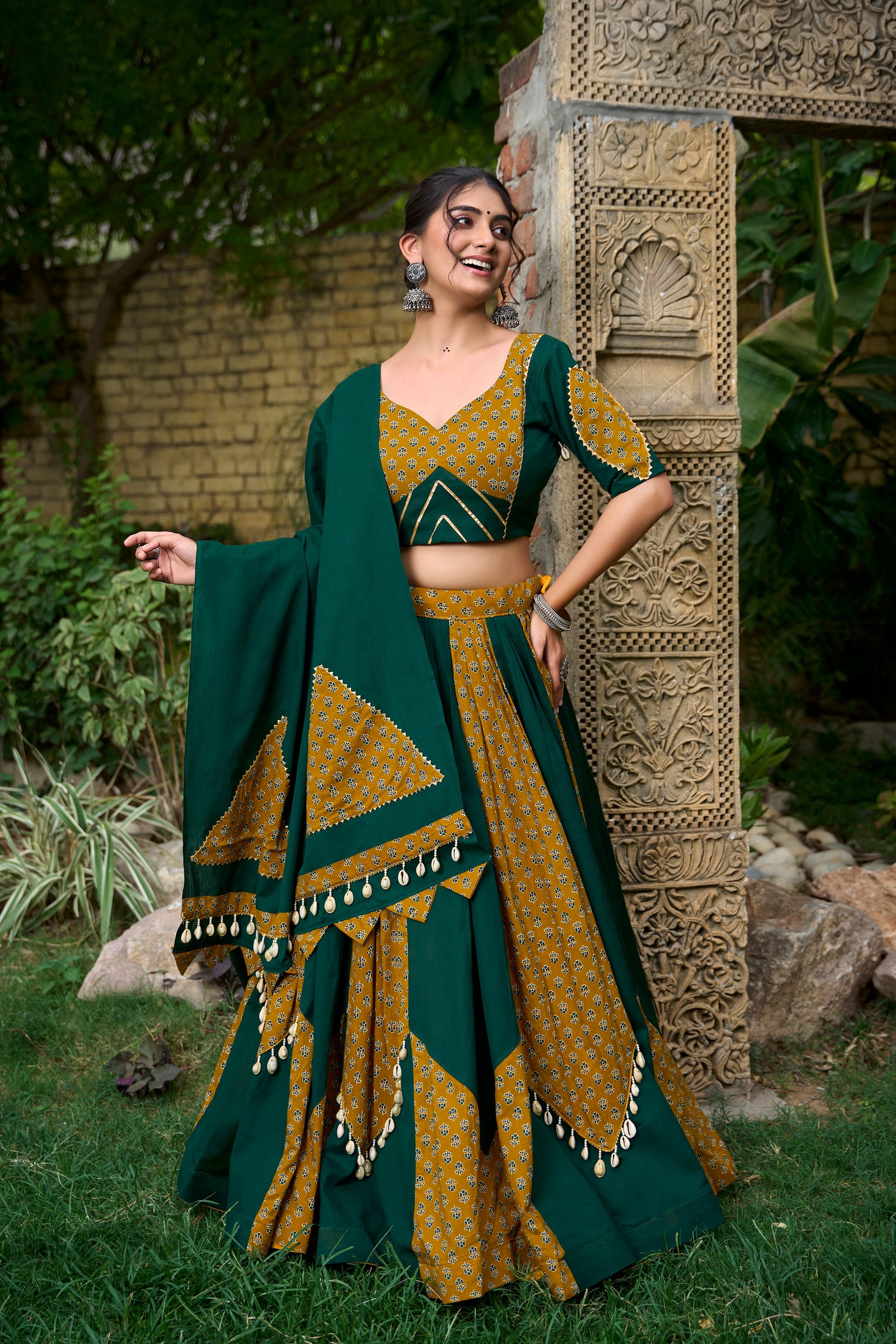 Lorenvalley Green Pure Cotton Plain And Printed With Cowrie (Kodi) Lace Touch Up Lehenga Choli with Dupatta | Swadesiicart