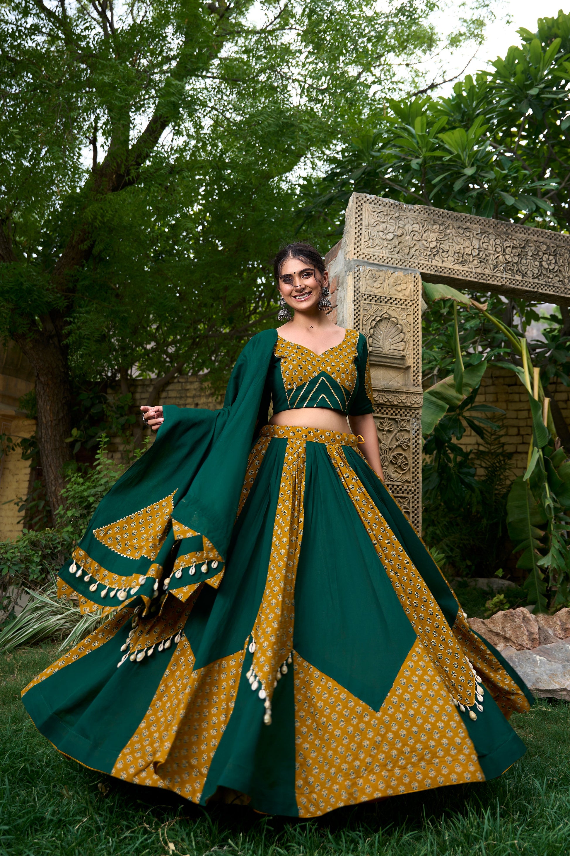 Lorenvalley Green Pure Cotton Plain And Printed With Cowrie (Kodi) Lace Touch Up Lehenga Choli with Dupatta | Swadesiicart