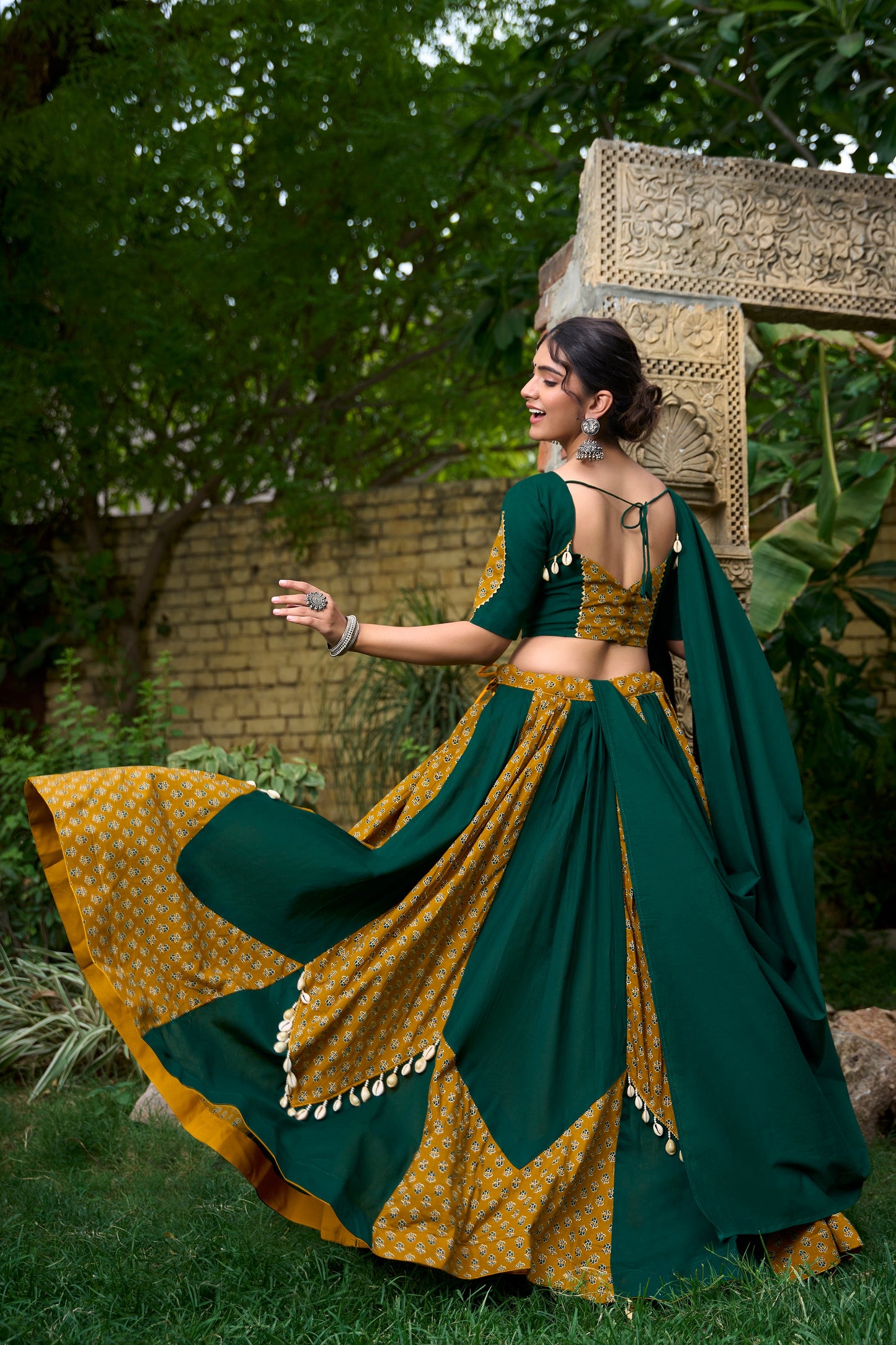 Lorenvalley Green Pure Cotton Plain And Printed With Cowrie (Kodi) Lace Touch Up Lehenga Choli with Dupatta | Swadesiicart