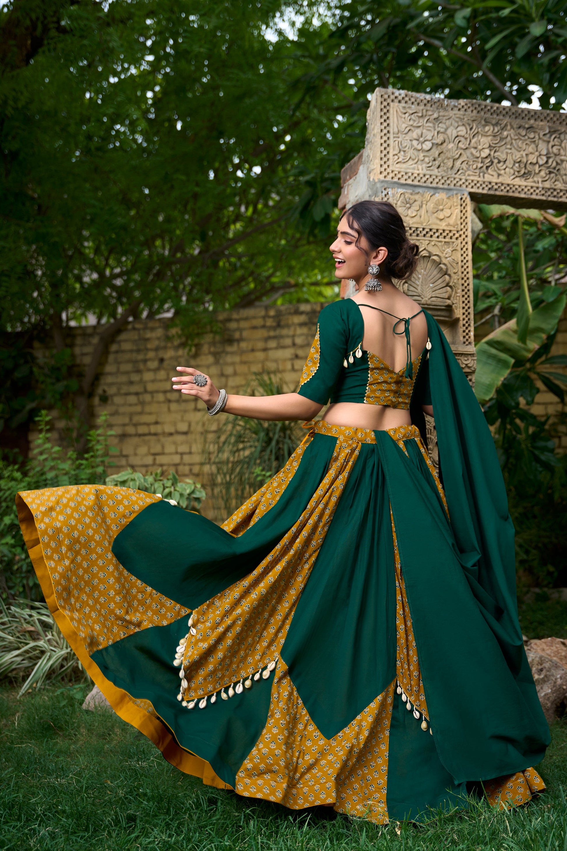 Lorenvalley Green Pure Cotton Plain And Printed With Cowrie (Kodi) Lace Touch Up Lehenga Choli with Dupatta | Swadesiicart