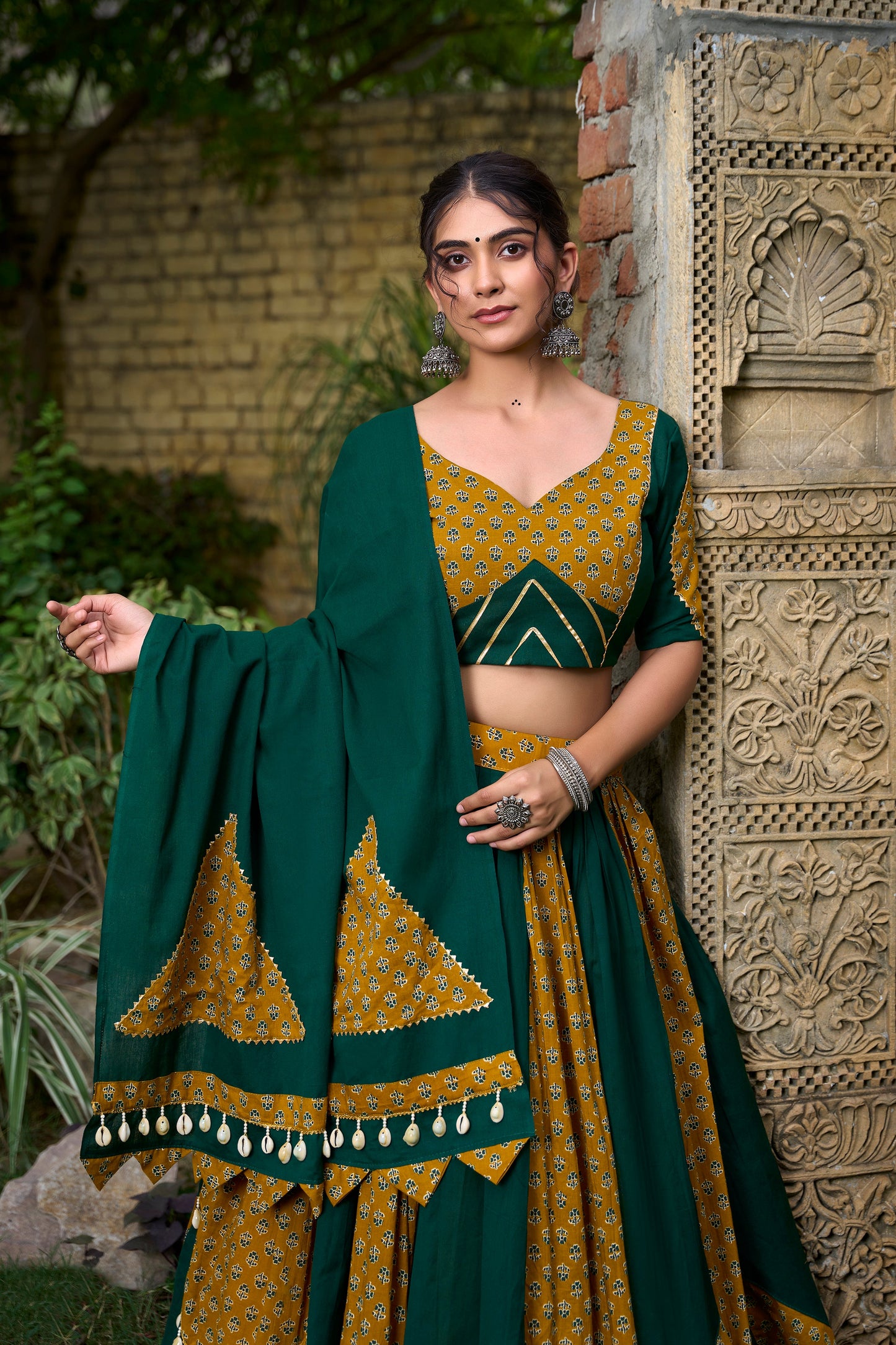 Lorenvalley Green Pure Cotton Plain And Printed With Cowrie (Kodi) Lace Touch Up Lehenga Choli with Dupatta | Swadesiicart