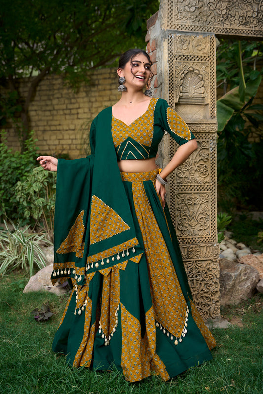 Lorenvalley Green Pure Cotton Plain And Printed With Cowrie (Kodi) Lace Touch Up Lehenga Choli with Dupatta | Swadesiicart