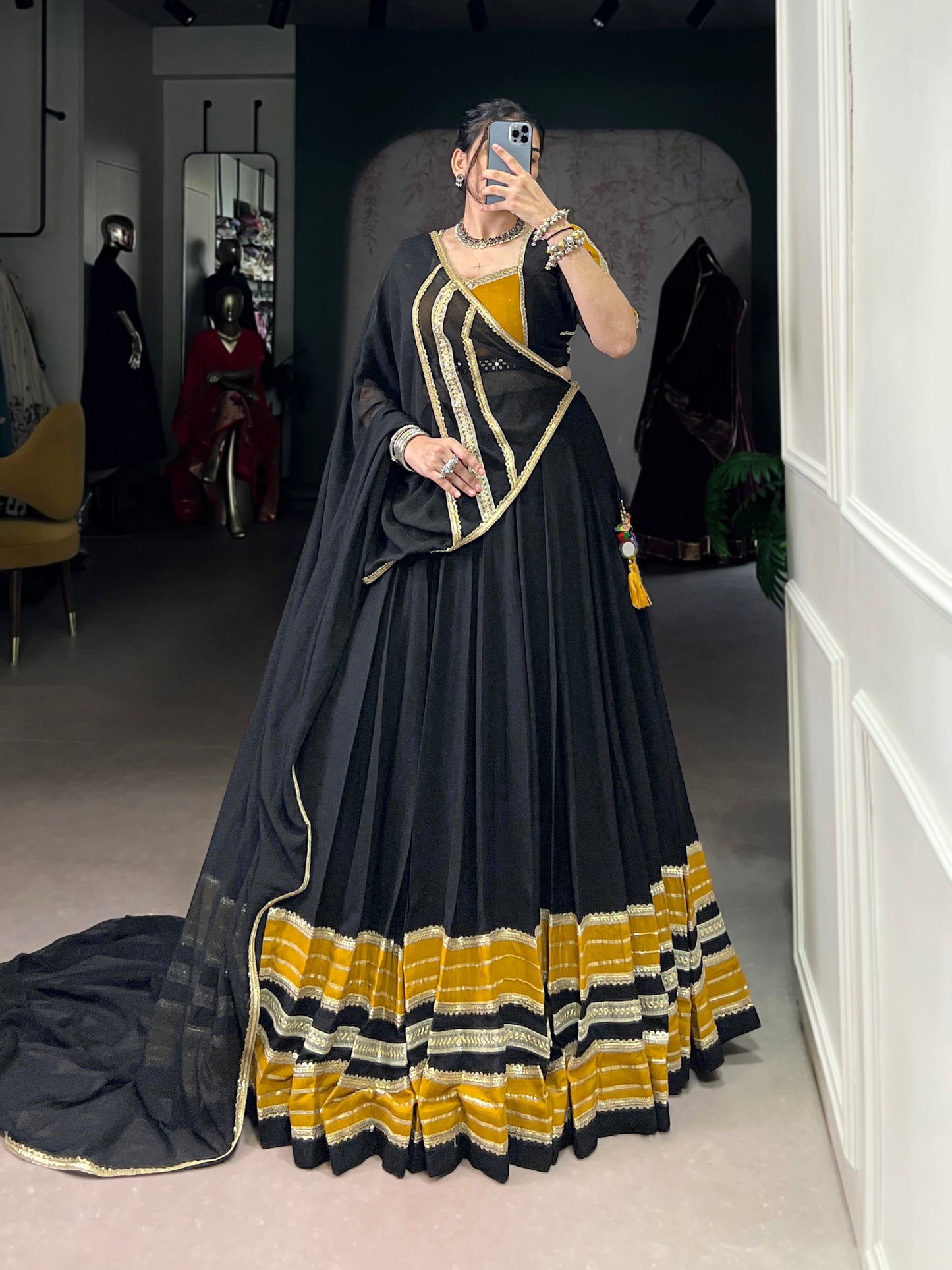 Lorenvalley Fashion Black Pure Rayon Sequins Lace With Gota Patti Lace Touch Up Lehenga Choli with Dupatta | Swadesiicart