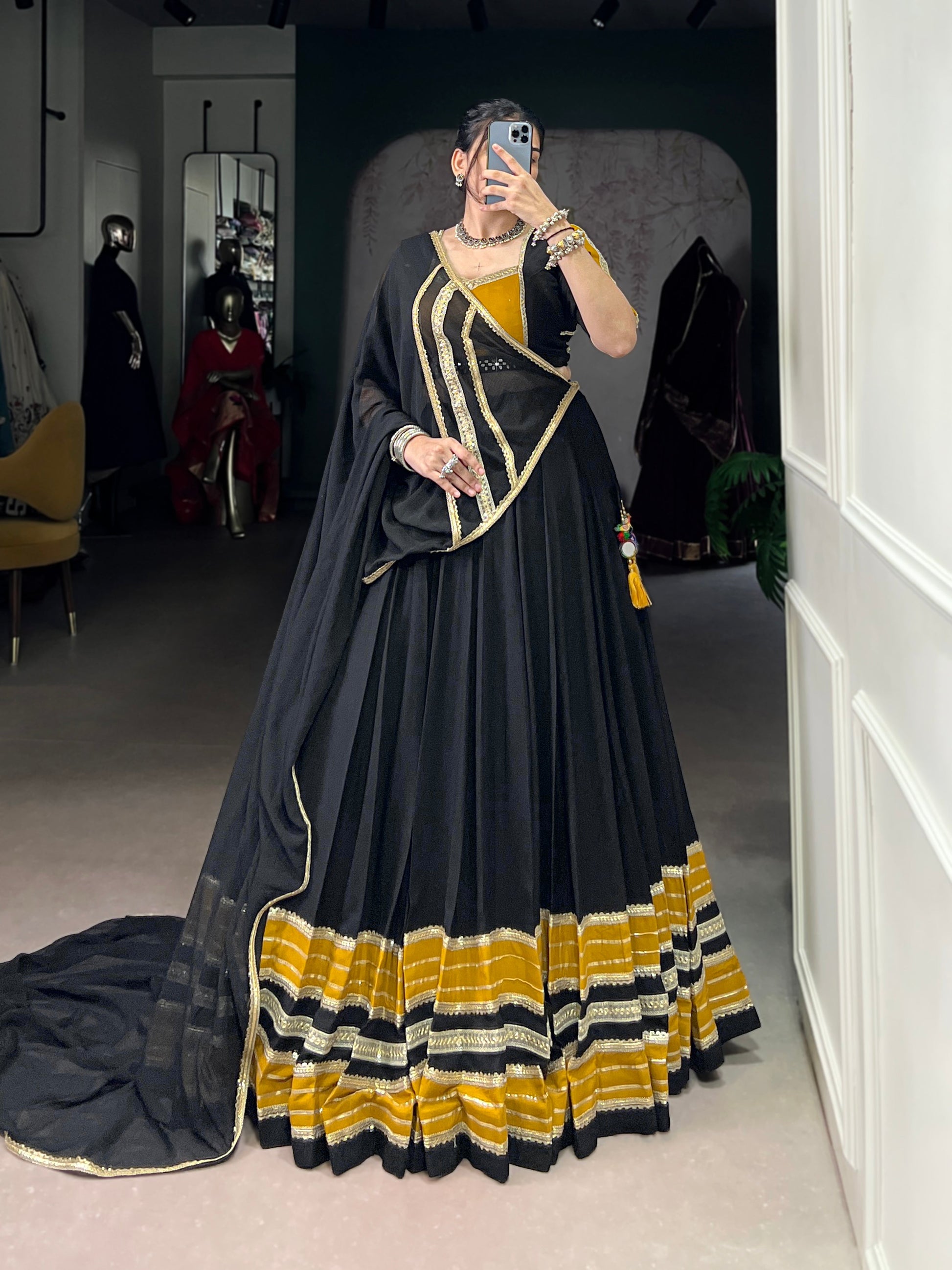 Lorenvalley Fashion Black Pure Rayon Sequins Lace With Gota Patti Lace Touch Up Lehenga Choli with Dupatta | Swadesiicart