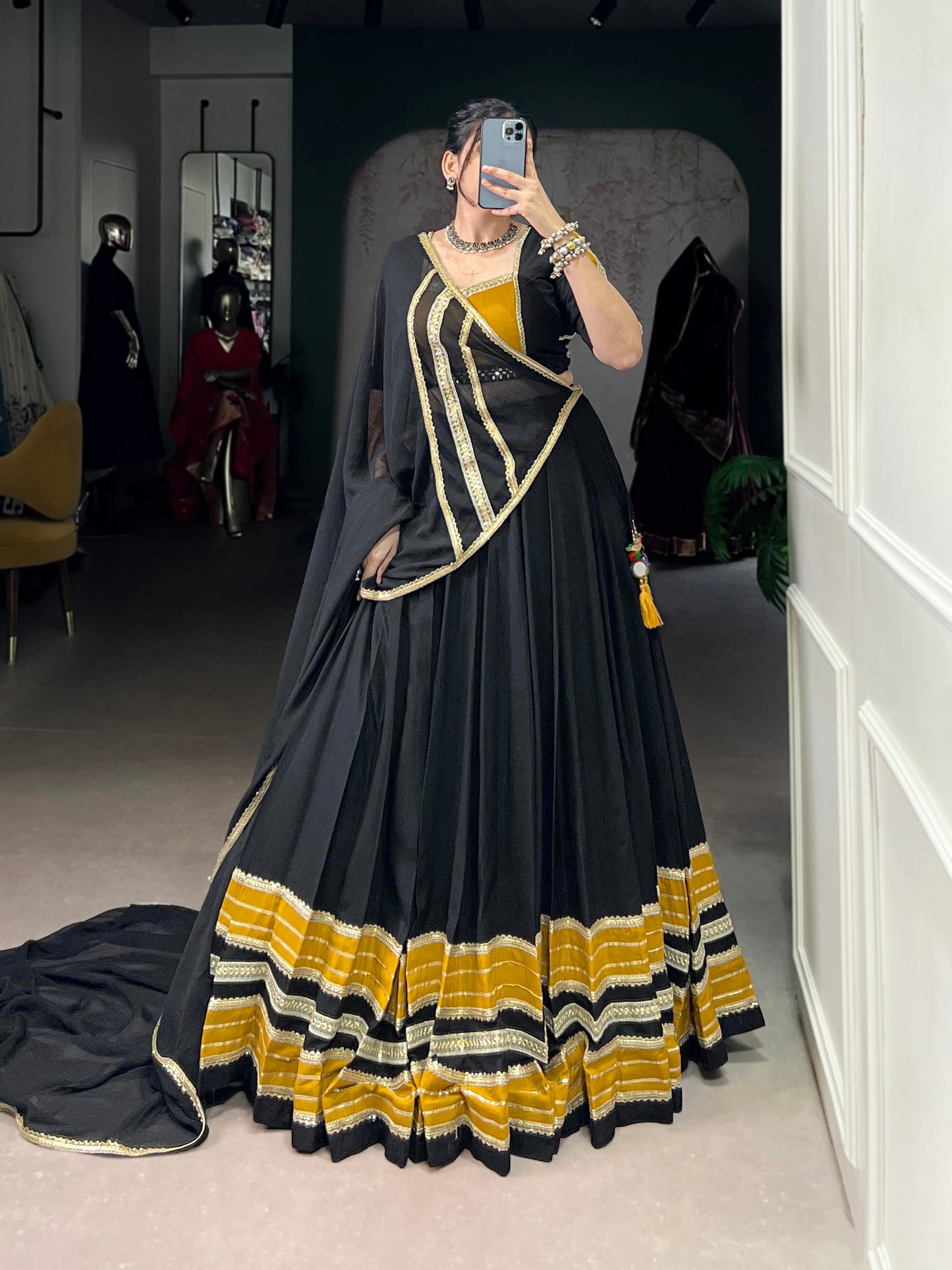Lorenvalley Fashion Black Pure Rayon Sequins Lace With Gota Patti Lace Touch Up Lehenga Choli with Dupatta | Swadesiicart