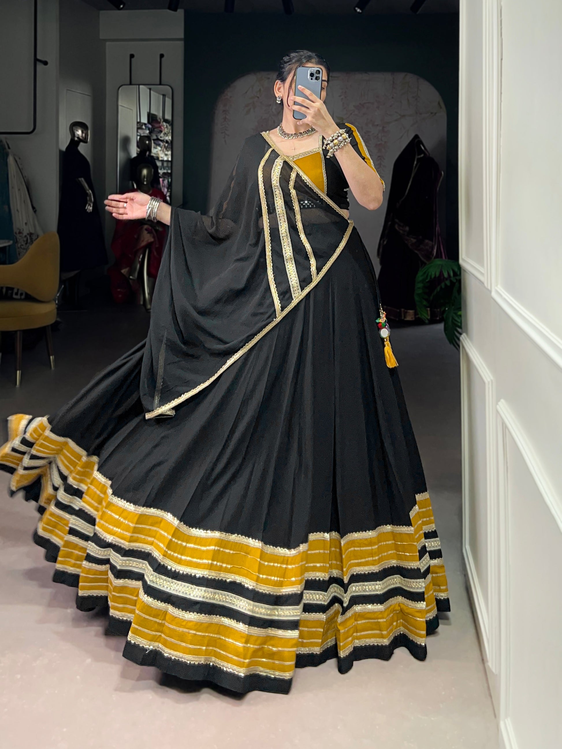 Lorenvalley Fashion Black Pure Rayon Sequins Lace With Gota Patti Lace Touch Up Lehenga Choli with Dupatta | Swadesiicart