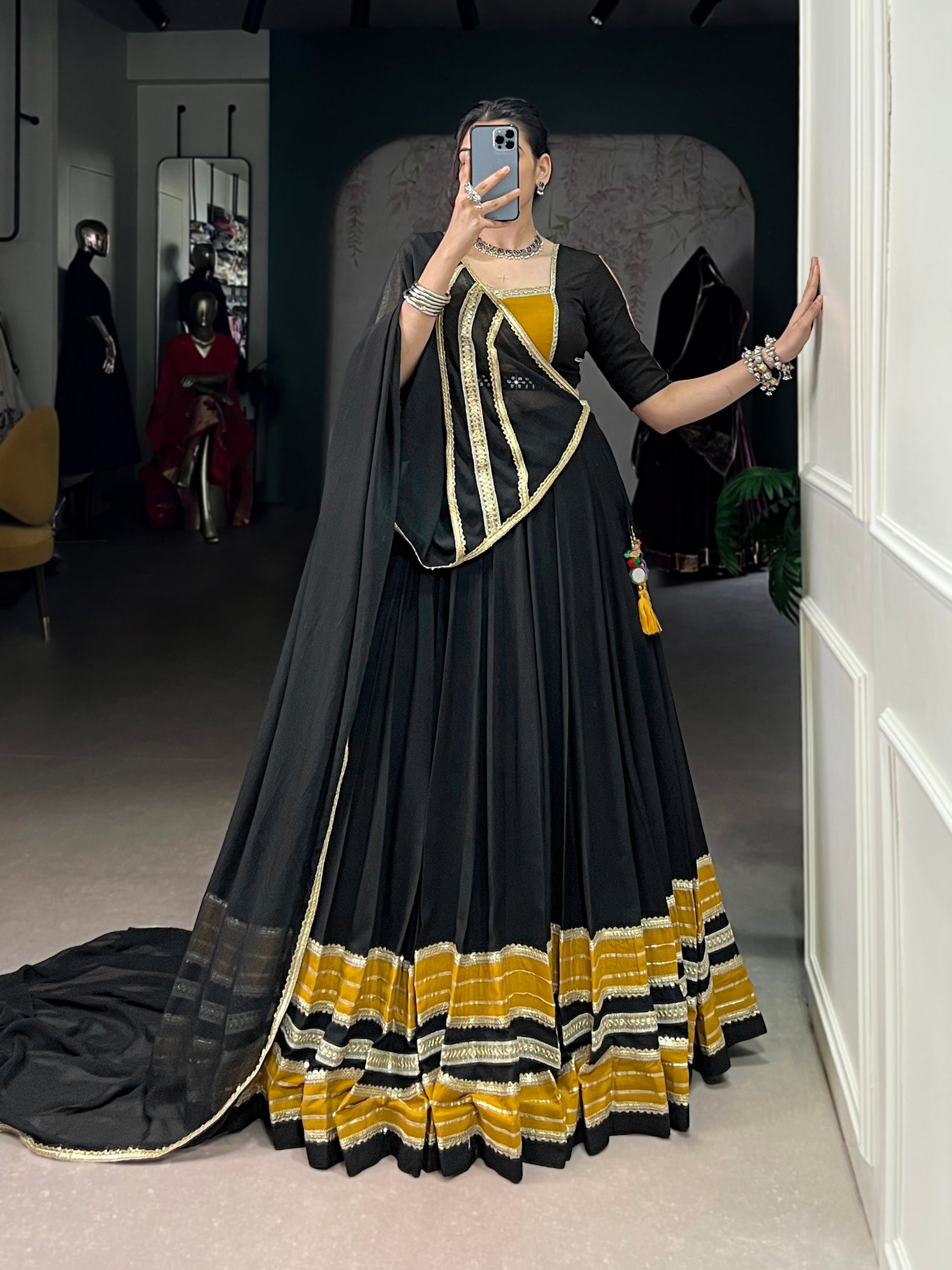 Lorenvalley Fashion Black Pure Rayon Sequins Lace With Gota Patti Lace Touch Up Lehenga Choli with Dupatta | Swadesiicart