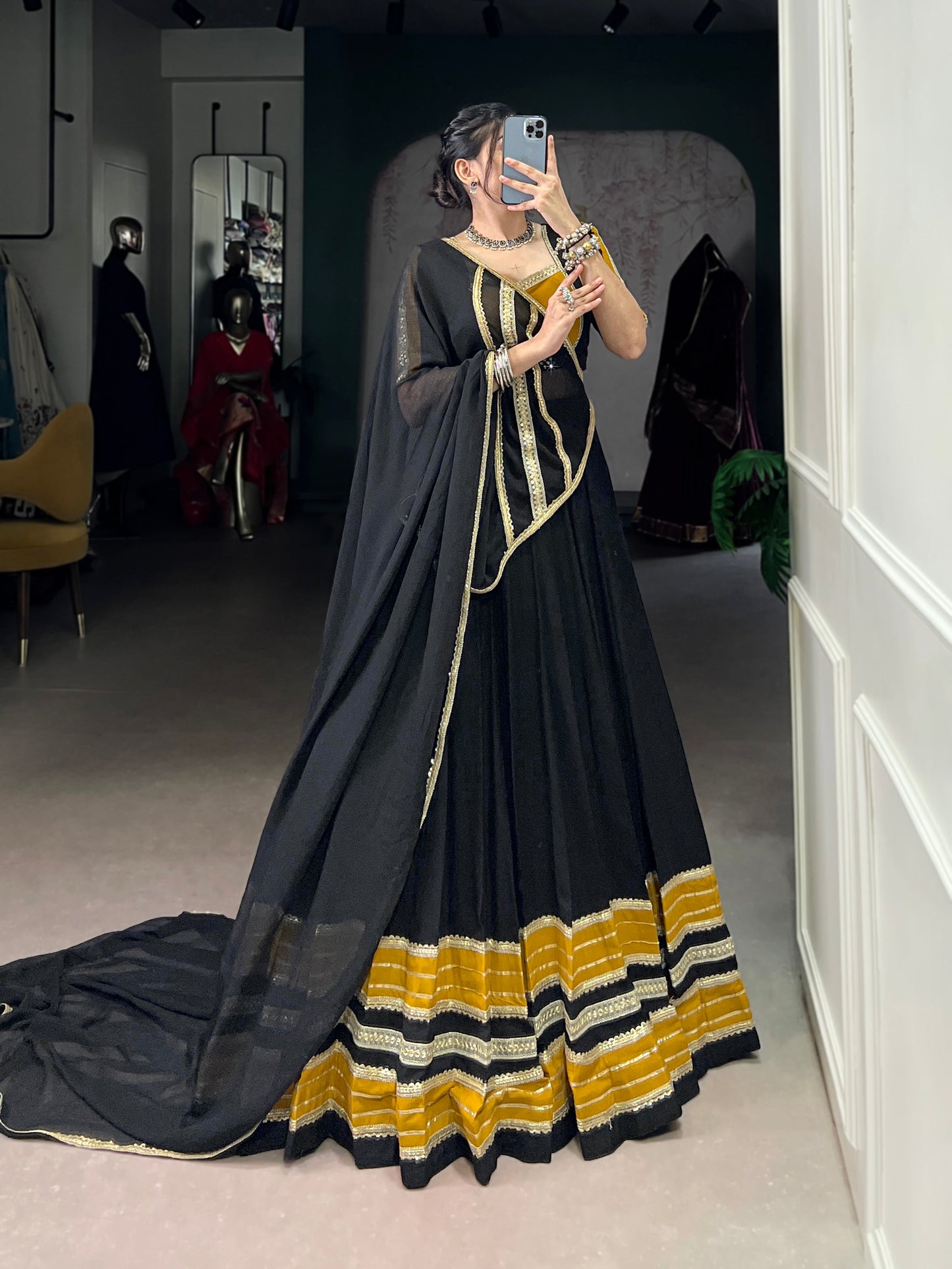 Lorenvalley Fashion Black Pure Rayon Sequins Lace With Gota Patti Lace Touch Up Lehenga Choli with Dupatta | Swadesiicart
