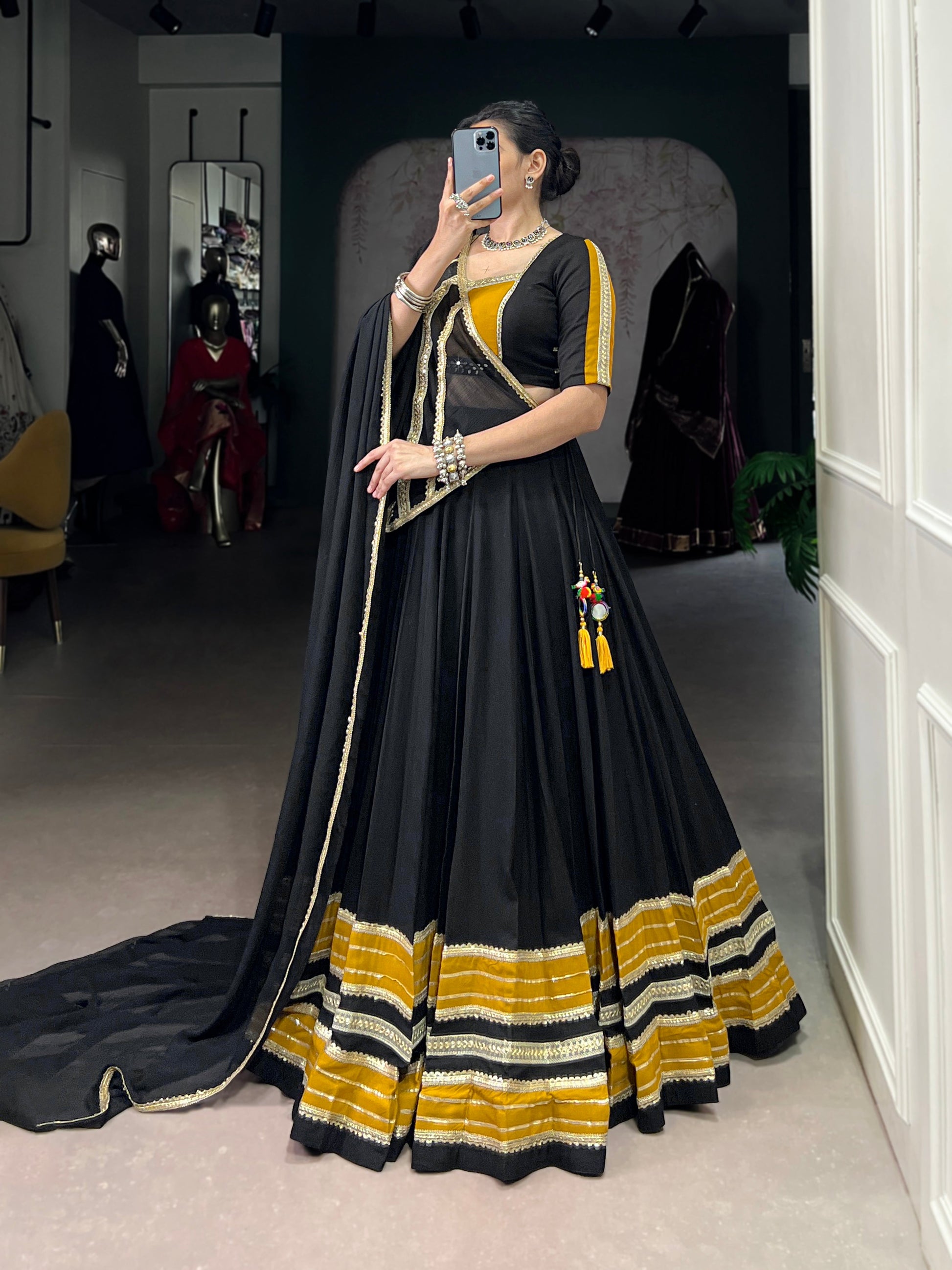 Lorenvalley Fashion Black Pure Rayon Sequins Lace With Gota Patti Lace Touch Up Lehenga Choli with Dupatta | Swadesiicart