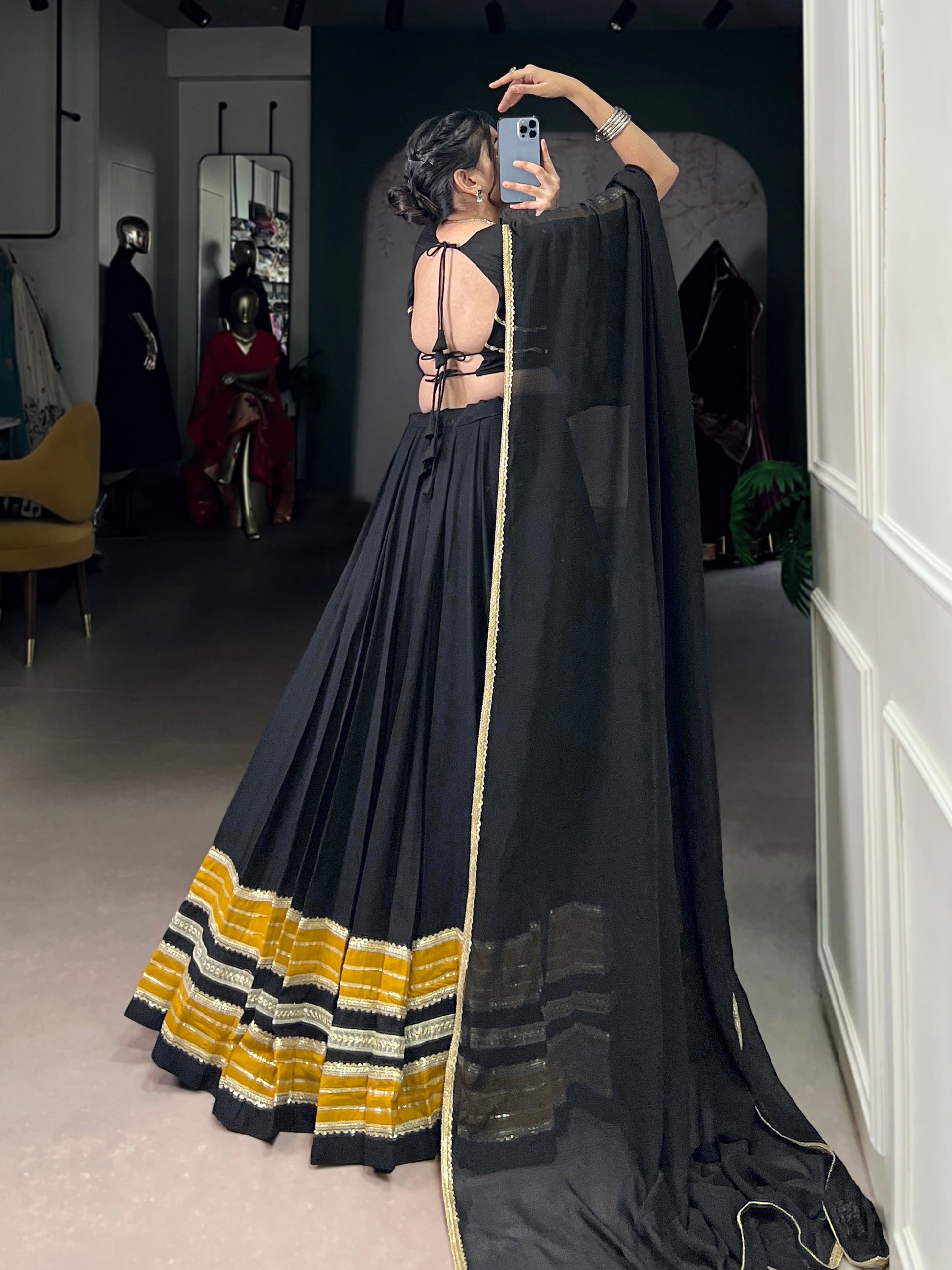 Lorenvalley Fashion Black Pure Rayon Sequins Lace With Gota Patti Lace Touch Up Lehenga Choli with Dupatta | Swadesiicart
