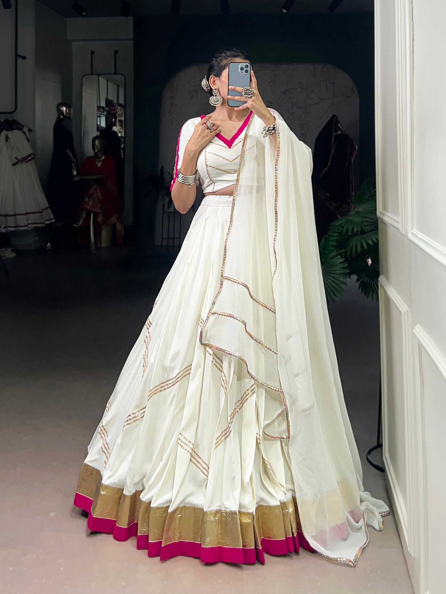 Lorenvalley Fashion White Pure Rayon Embossed Design With Gota Patti Lace Touch Up Lehenga Choli with Dupatta | Swadesiicart