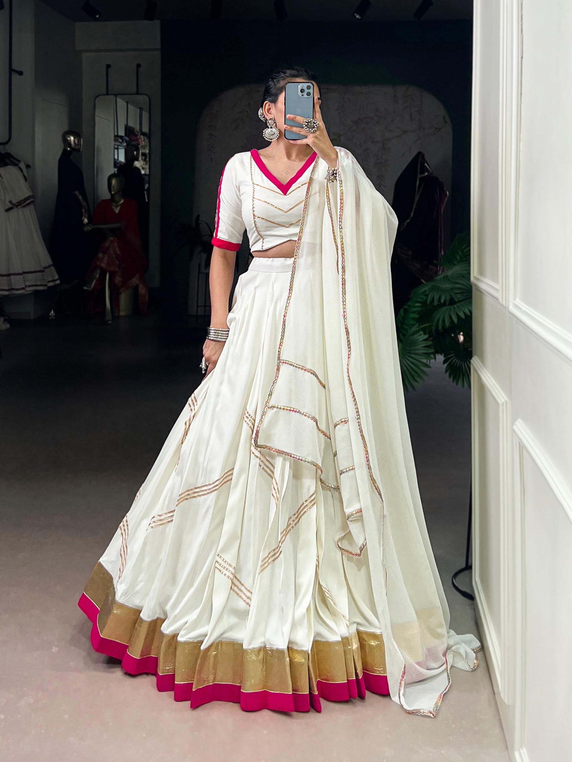 Lorenvalley Fashion White Pure Rayon Embossed Design With Gota Patti Lace Touch Up Lehenga Choli with Dupatta | Swadesiicart