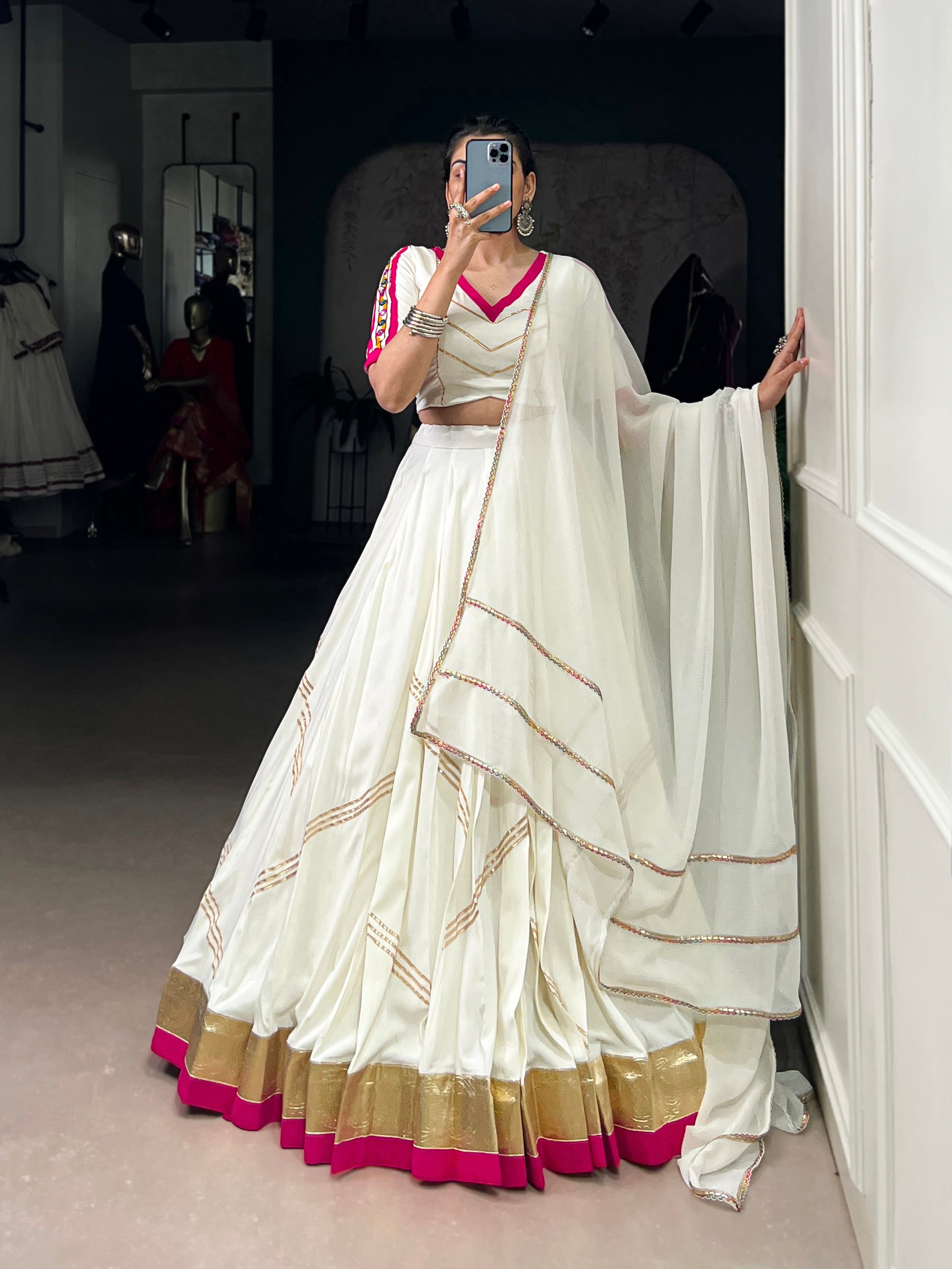 Lorenvalley Fashion White Pure Rayon Embossed Design With Gota Patti Lace Touch Up Lehenga Choli with Dupatta | Swadesiicart