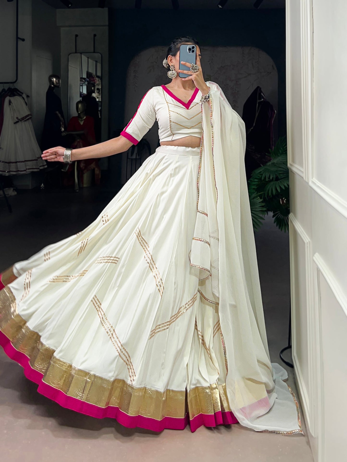 Lorenvalley Fashion White Pure Rayon Embossed Design With Gota Patti Lace Touch Up Lehenga Choli with Dupatta | Swadesiicart