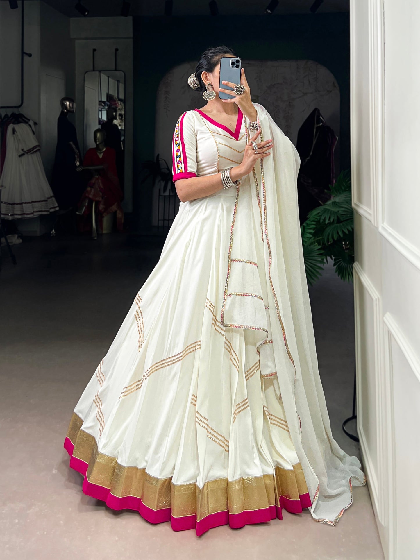 Lorenvalley Fashion White Pure Rayon Embossed Design With Gota Patti Lace Touch Up Lehenga Choli with Dupatta | Swadesiicart
