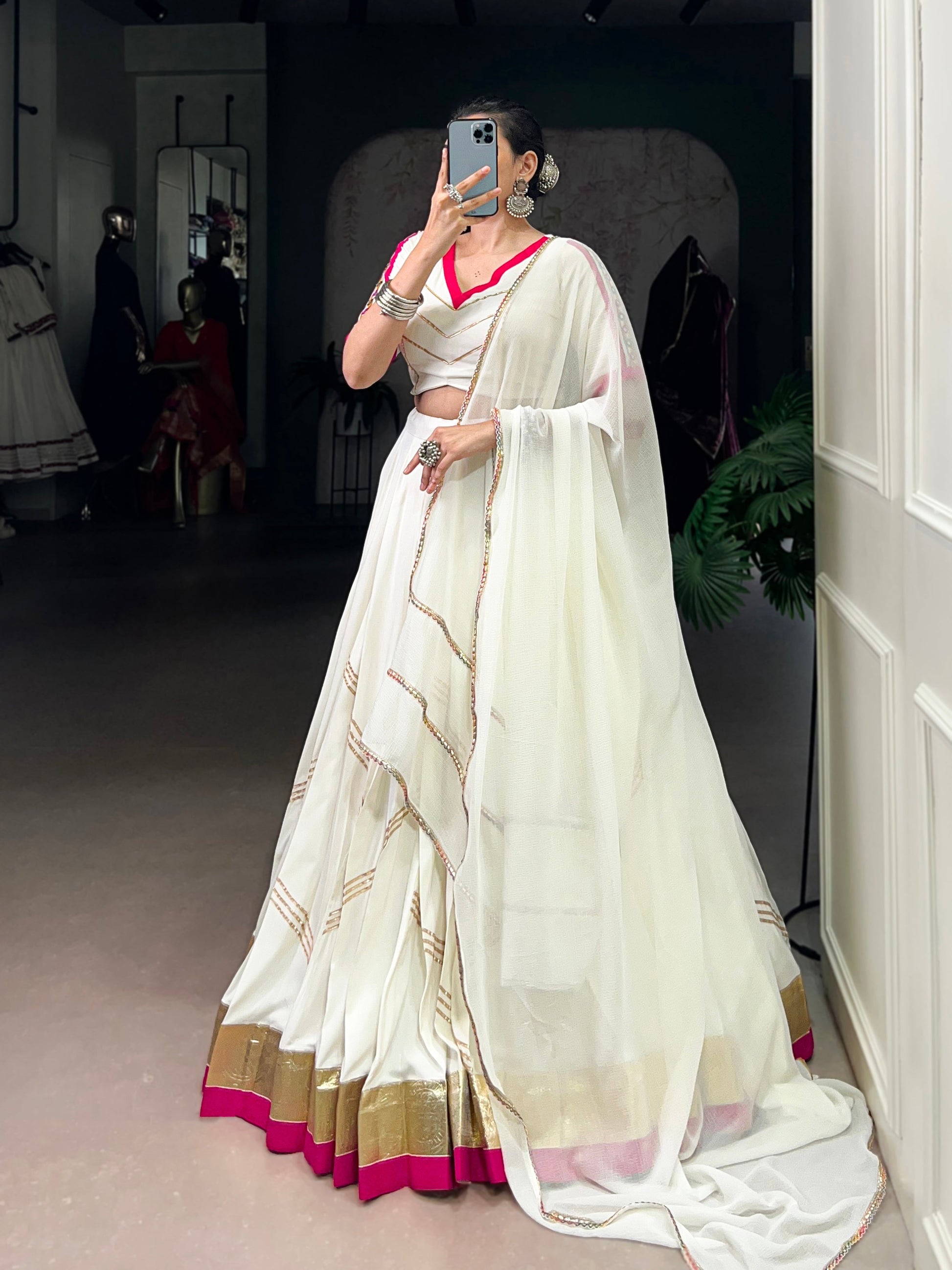 Lorenvalley Fashion White Pure Rayon Embossed Design With Gota Patti Lace Touch Up Lehenga Choli with Dupatta | Swadesiicart
