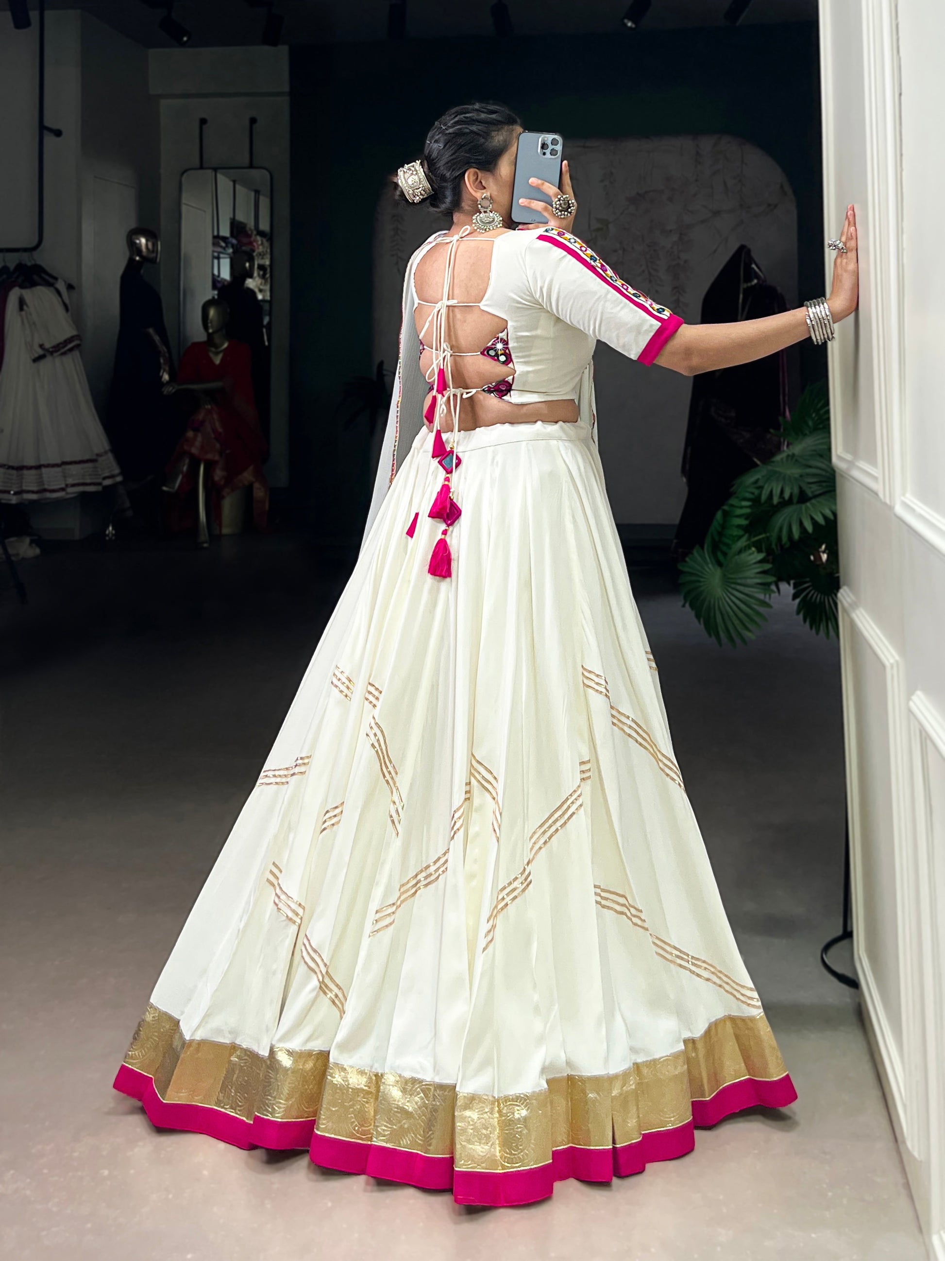 Lorenvalley Fashion White Pure Rayon Embossed Design With Gota Patti Lace Touch Up Lehenga Choli with Dupatta | Swadesiicart