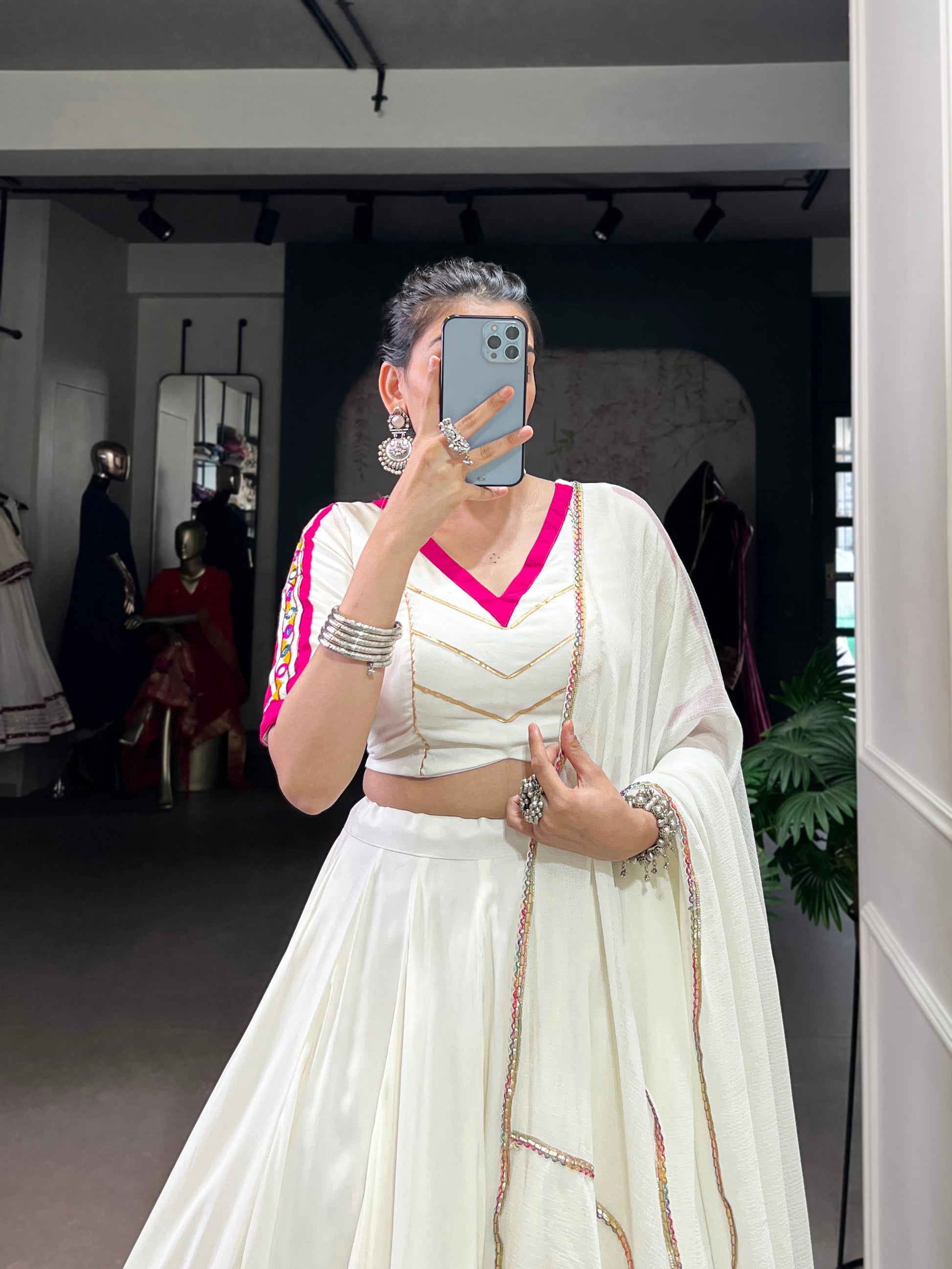 Lorenvalley Fashion White Pure Rayon Embossed Design With Gota Patti Lace Touch Up Lehenga Choli with Dupatta | Swadesiicart