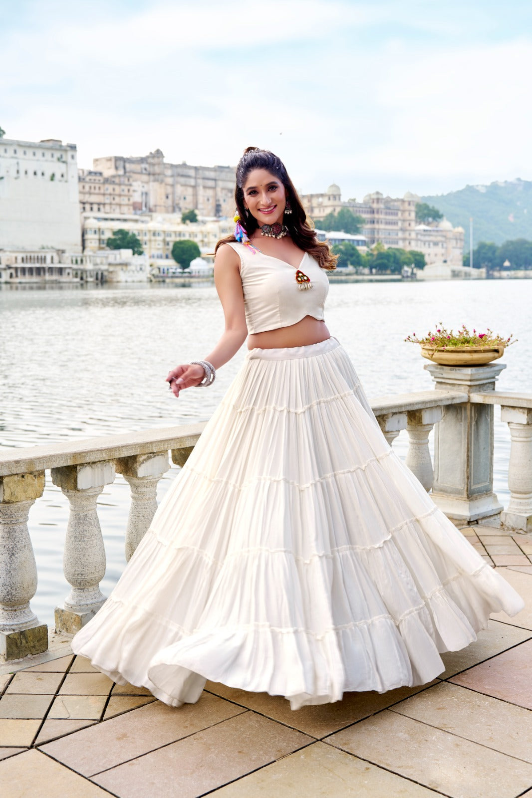 Lorenvalley Fashion White Pure Rayon Plain Frill Lehenga Choli with Koti - Swadesiicart