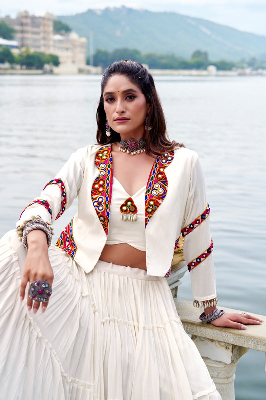 Lorenvalley Fashion White Pure Rayon Plain Frill Lehenga Choli with Koti - Swadesiicart