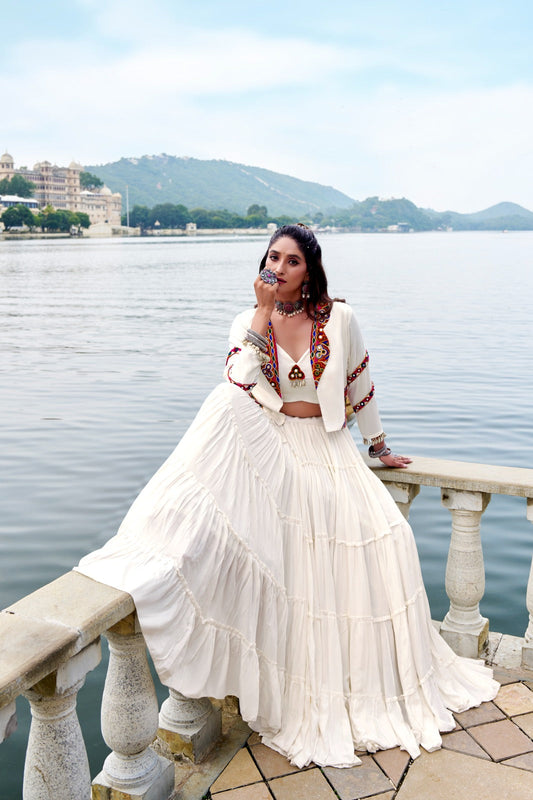 Lorenvalley Fashion White Pure Rayon Plain Frill Lehenga Choli with Koti - Swadesiicart