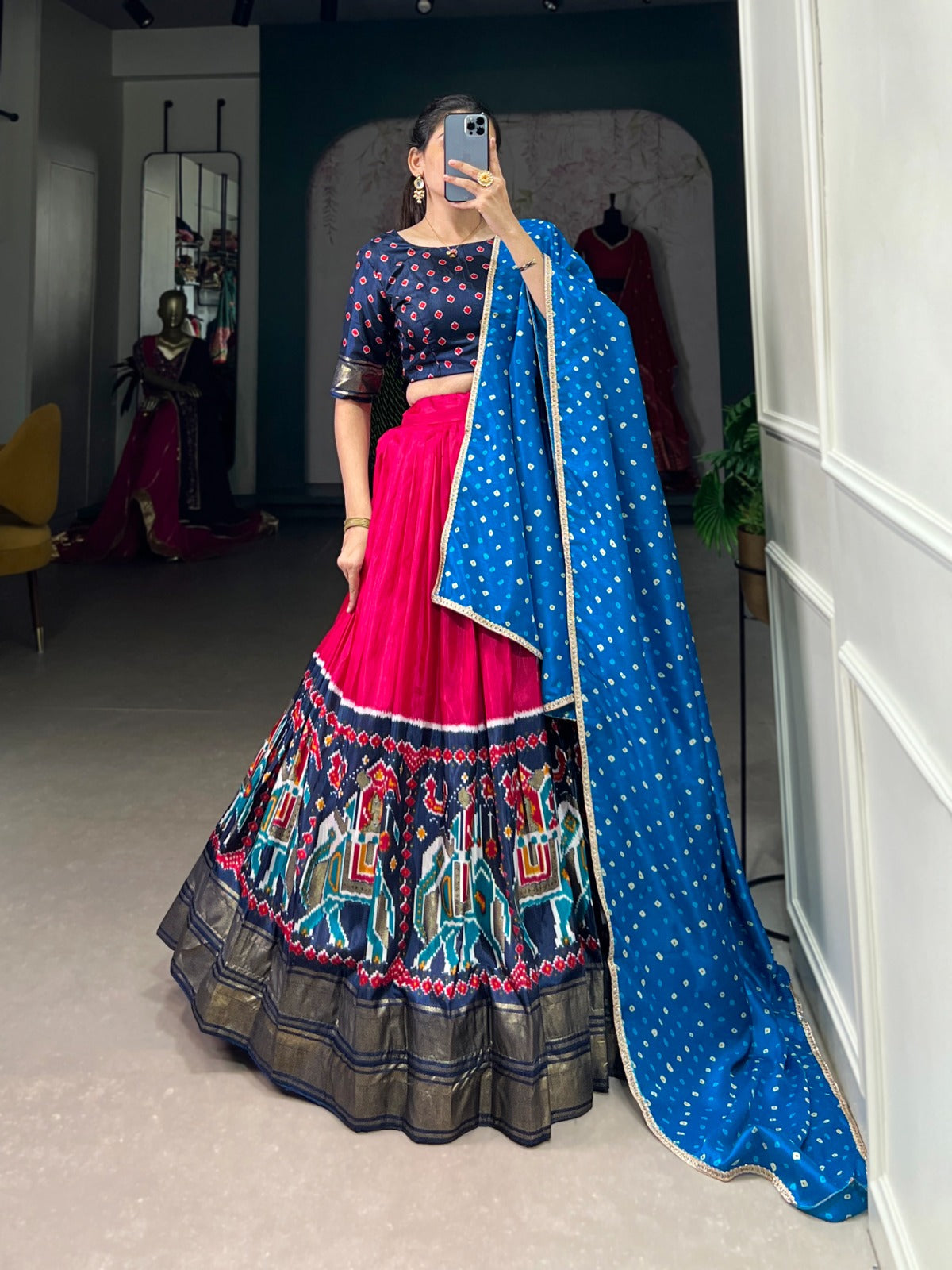 Lorenvalley Pink Dola Silk Patola Print and foil work Lehenga Choli with Dupatta | Swadesiicart