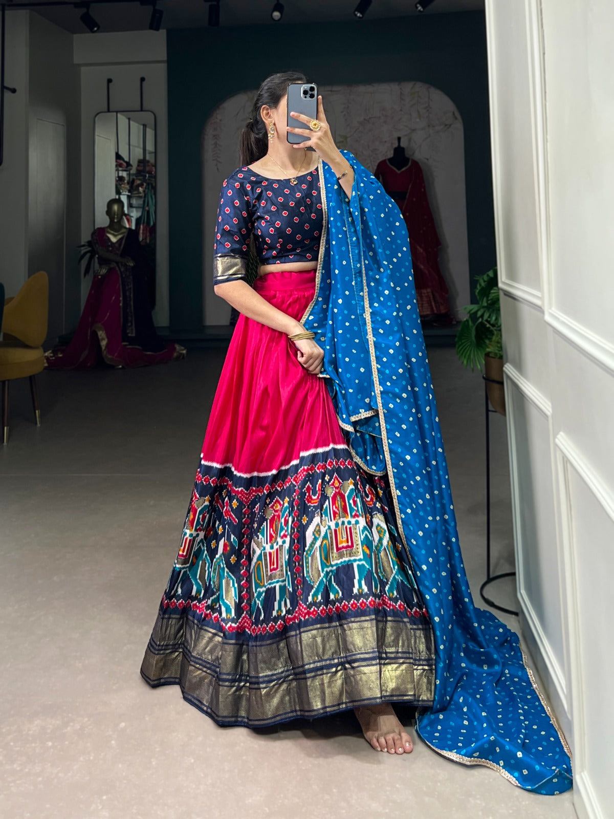 Lorenvalley Pink Dola Silk Patola Print and foil work Lehenga Choli with Dupatta | Swadesiicart